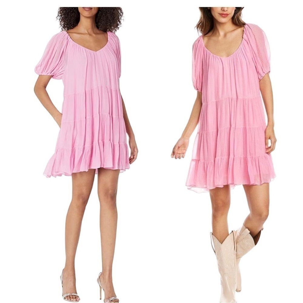 REBECCA Taylor Crinkle Silk Chiffon Tiered Puff-Sleeve Mini Dress Barbie Pink